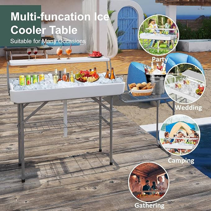 IWDOO Two Tier Ice Cooler Table with Foldable Extension Stand, 4 Foot Outdoor Ice Table with Matching Skirt & Drain Hose, Folding Cooler Server with Metal Shelf for Party, BBQ, Camping Picnic, White