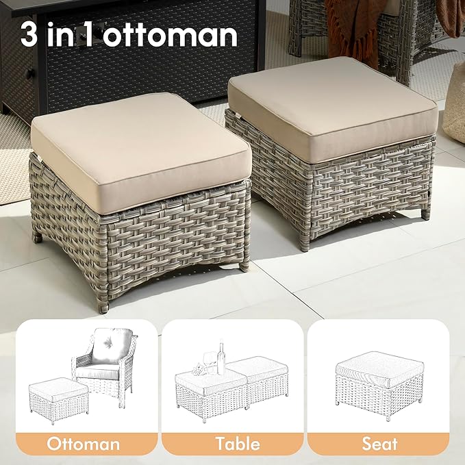 6 Pieces Patio Outdoor Furniture Set,All Weather Wicker Rattan Patio Seating Sofa and Chair Set w/Ottoman and Glowing Coffee Table,Outdoor Conversation Sets for Deck Yard Garden,Beige