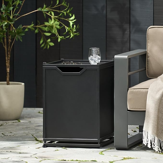 Propane Tank Cover Table for Fire Pits, 20 LB Iron Propane Tank Holder with Side Handles, Outdoor Tank Storage Side Table for Patio, Gas Griddle, Matte Black