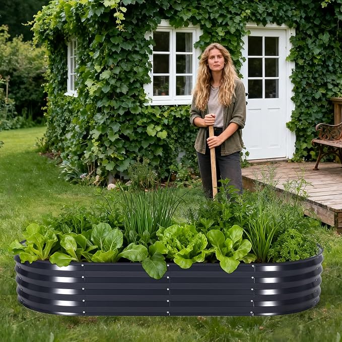 Oval Galvanized Raised Garden Bed Kit with Zippered PVC Cover, Easy Assembly, Thick Metal Outdoor Planter Box for Vegetables, Flowers, Patio Gardening, Grey