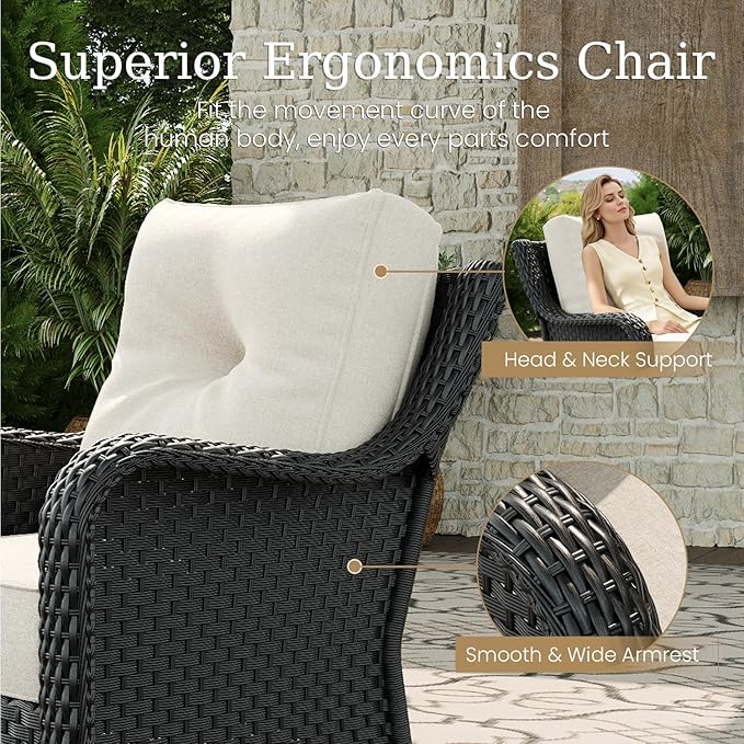 3 Piece Patio Furniture Set, All-Weather Wicker Outdoor Conversation Set with Rattan Chair and 6 Inch Thick Cushions