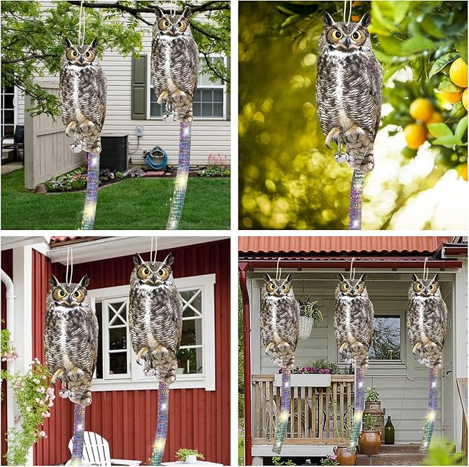 4PCS Reflective Hanging Hawk Fake Owl Decoration, Realistic Hanging Owl for Garden Patio Windows