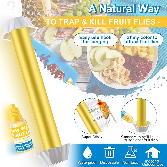 Qualirey 3 Pack Fruit Fly Trap Sticks for Indoors & Outdoor, Comes with 2 Pack Fruit Fly Trap Refill Liquid (0.68oz / Bottle), Non Toxic Hanging Sticky Flies Catcher Stick