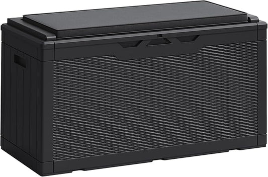 Greesum 100 Gallon Resin Deck Box Large Outdoor Storage Boxes with Cushions for Garden Tools, Patio Furniture Pillows, Pool Supplies, Black