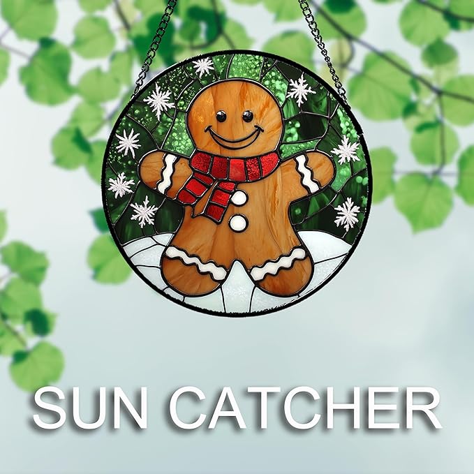 CRISGIF Stained Glass Window Hanging Cute Christmas Gingerbread Man Snowflake Large 11.8" - Suncatcher Door Garden Sun Catcher Home Decor Birthday for Mom Men Woman Nana Friend