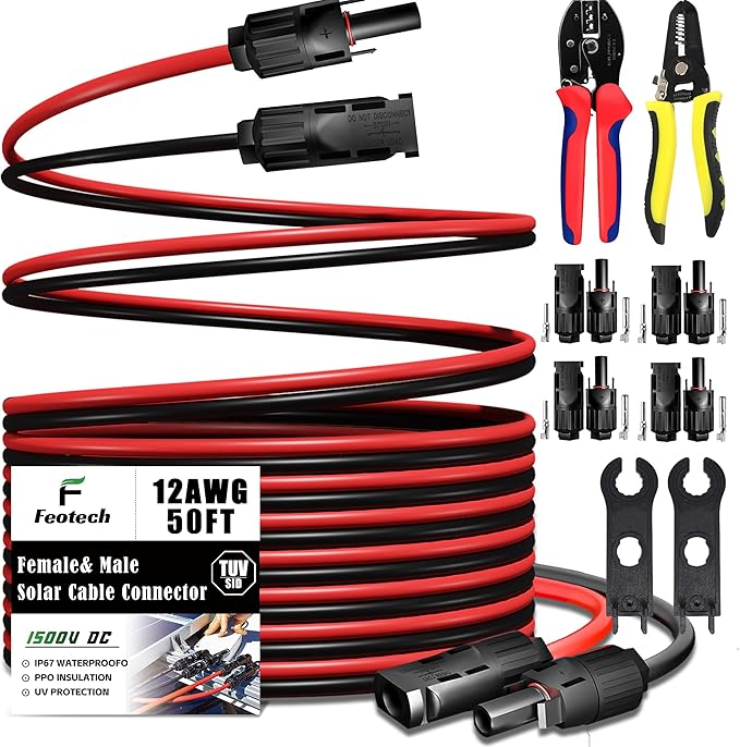 Twin Wire 50FT Solar Extension - 12AWG (4mm²) Solar Connector, with 4 Pairs-IP67-Male/Female Solar connectors for Outdoor Automotive RV Boat Marine Solar - Black & Red