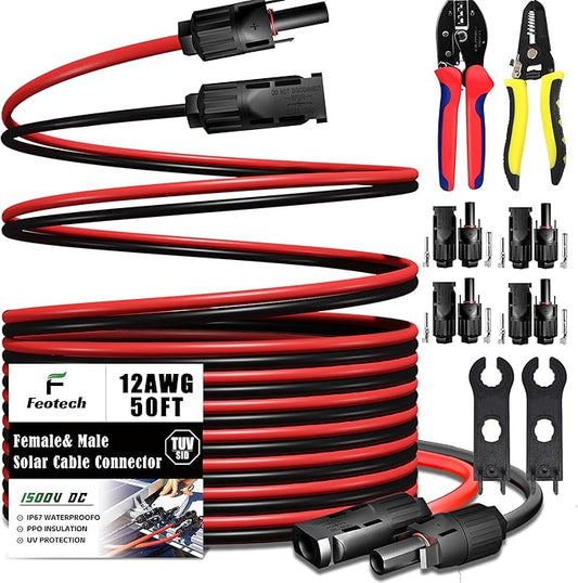 Twin Wire 50FT Solar Extension - 12AWG (4mm²) Solar Connector, with 4 Pairs-IP67-Male/Female Solar connectors for Outdoor Automotive RV Boat Marine Solar - Black & Red
