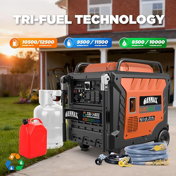 GENMAX 12500W Tri-Fuel Inverter Generator with Bluetooth & CO Shield (2026 Model) - Quiet, 50A Outlet, 2-Wire Auto Start, Ideal for Home Backup, RV, Camping - EPA Compliant (GM12500iET)