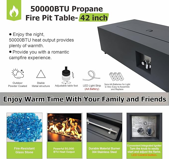 42" Propane Fire Pit Table with LED Light - 50,000 BTU with Wind Guard, Lid, Rocks and Cover - Outdoor Gas Fire Pit Rectangle - Coffee Table with Fire Pit (Black/RGB Light, 42" LED)