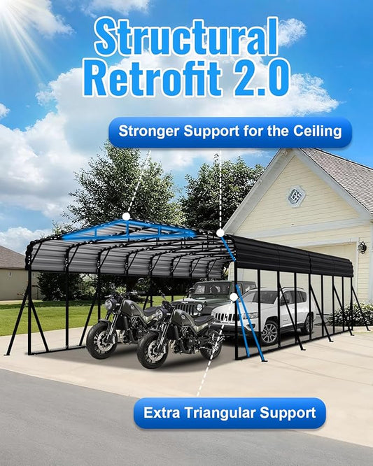 20x30FT Metal Carport, Heavy Duty Car Port Canopy with Metal Roof and Frame, Extra Large Carports Withstand Strong Wind or Heavy Rain, Suitable for Parking Pickup, Boat, Car, and Tractor