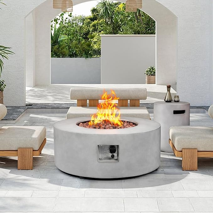 36 Inch Round Fire Pit Table,Propane Fire Pit Table Outdoor Firepit 2-Piece 50,000 BTU Gas Concrete Fire Pit Tank Cover CSA Certification w Lid,Lava Rocks, Rain Cover for Backyard & Deck