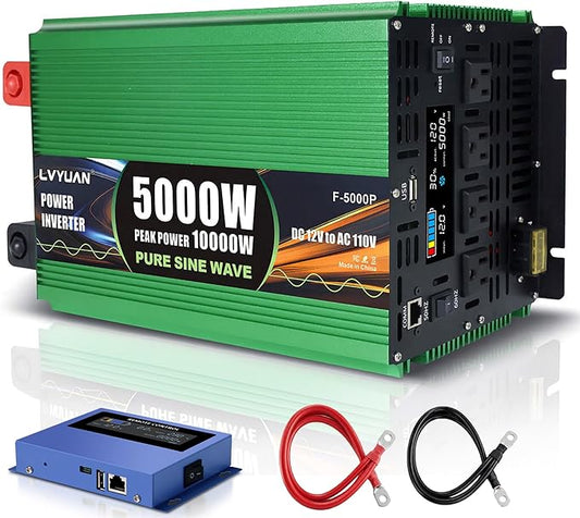 5000 Watt Pure Sine Wave Power Inverters, DC 12V to 110V Inverter with 0 AWG Battery Cables, Remote & LCD Panel Control, 4 AC Outlets, 5V/3.1A USB, 20W USB C, 10000 W Surge for RV, Truck, Off Grid