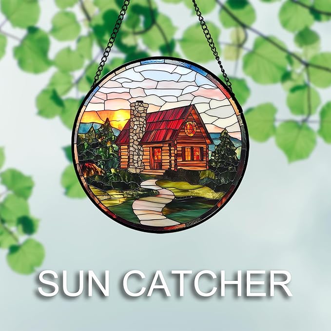 QZQCBLC Stained Glass Window Hanging Red Wooden House Pastoral Scenery 7.8" - Suncatcher Door Garden Sun Catcher Home Decor Birthday Christmas for Mom Men Woman Nana Friend