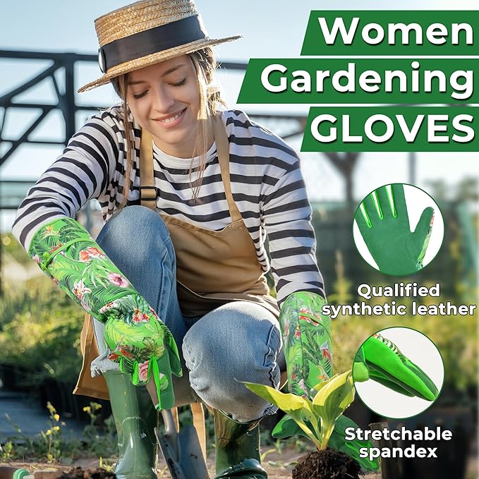 HANDLANDY Women Gardening Gloves, Scratch Resistant Breathable Ladies Rose Pruning Long Gauntlet Floral Print Garden Yard Gloves, Gift for Gardeners (Green, S)