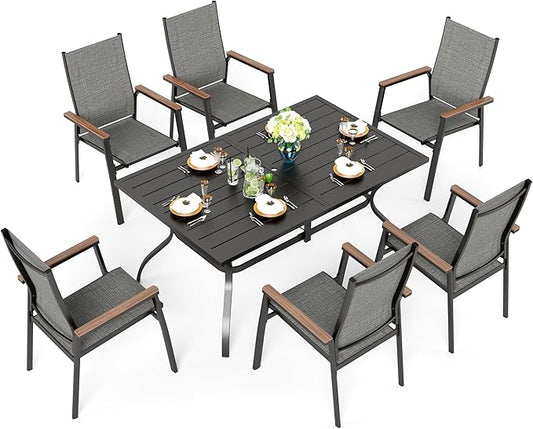 Sophia & William Patio Table and Chairs Set 7 Pieces, 6 Aluminium Patio Dining Chairs with 60" x 38" Metal Dining Table, Stackable and Easy to Move for Outdoor Garden Lawn (Grey)