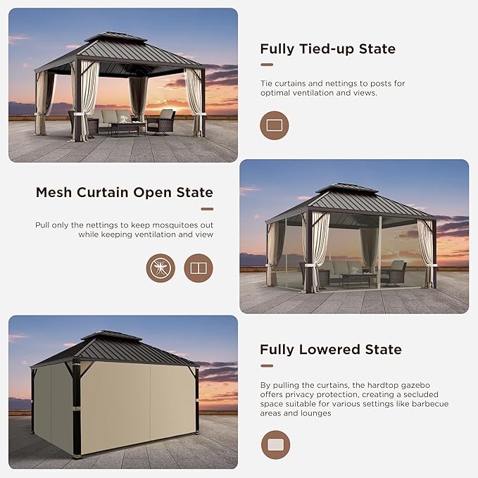 GREEN PARTY 12 X 14ft Hardtop Gazebo with Nettings and Curtains, Heavy Duty Double Roof Galvanized Steel, Outdoor Aluminum Gazebos Pergolas for Patios, Backyard, Deck, Garden, Lawns