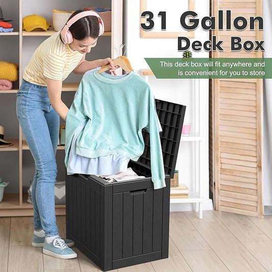 Outdoor Storage Deck Box Waterproof,Garden Tool,Backyard Cushion,Poolside Storage,Small Resin Delivery Boxes for Outside,Lockable Lid (32 Gallon, Black)