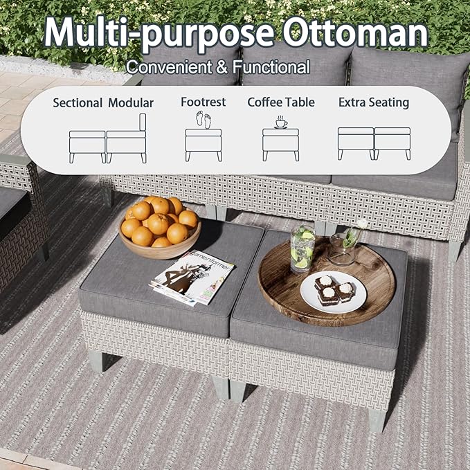 Outdoor Patio Furniture Set 14-Piece Modular Wicker Sectional Sofa with Ottomans and Thick Cushions, Modern Rattan Outdoor Conversation Couch for Garden Backyard, Grey