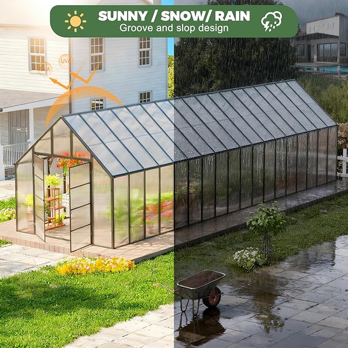 CDCASA 10x36 FT Greenhouse for Outdoors,Large Easy Assembly Thicker Aluminum Polycarbonate Greenhouses w/8 Windows, Double Door, Walk-in Green House for Outside,Patio,Backyard,Garden