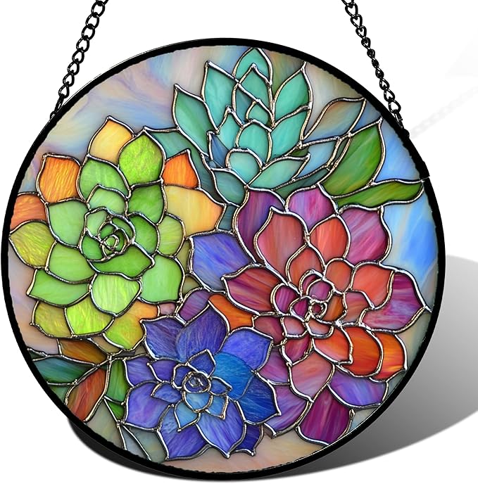 QZQCBLC Stained Glass Window Hanging Colorful Succulents 6.3" - Flowers Suncatcher Door Garden Sun Catcher Home Decor Birthday Christmas for Mom Men Woman Friends Nana Wife
