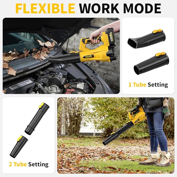 FULLYEA Cordless Leaf Blower 650 CFM, 6 Speed Modes, Electric Leaf Blower Cordless with 3 Tubes & 2x4.0Ah Batteries, 21V Battery Powered Leaf Blowers for Patio, Yard, Garage Cleaning (Yellow)