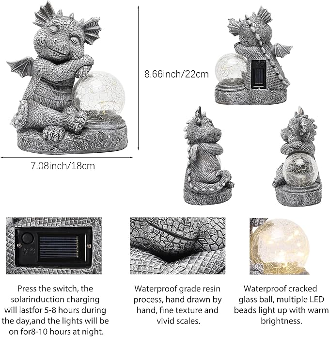 halp·ssfm Garden Outdoor Dragon Statue Holding Solar Magic Orb LED Light Resin Adorable Baby Dragon Figurines for Patio Balcony Yard Lawn Garden Unique Housewarming Gift for Mom Grandma