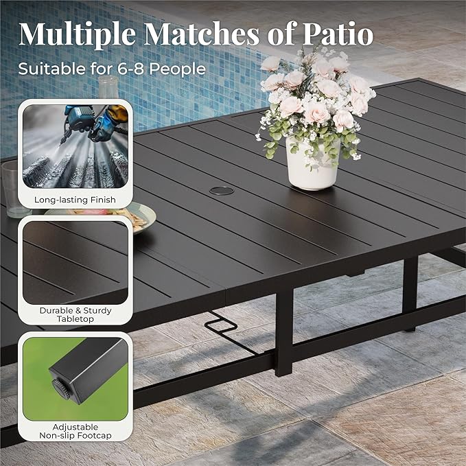 9 Pieces Patio Table and Chairs Set, Patio Dining Set for 8, 8 Red Textilene Chairs and 1 83” Rectangular Patio Dining Table with Umbrella Hole, for Deck Backyard Lawn Poolside
