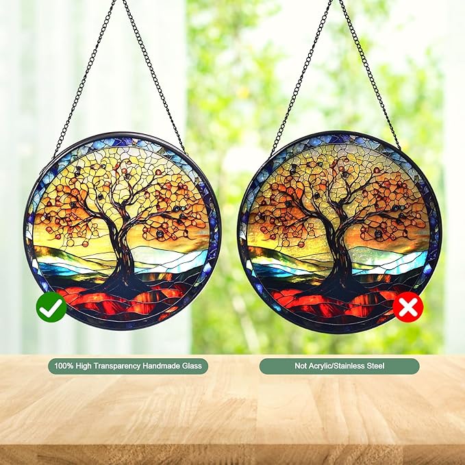 Wkyqes Tree of Life Handmade Stained Glass Window Hanging Suncatcher with Chain - 7.9" Outdoor/Indoor Art Decor for Home Garden, Wedding, Mother's, Valentine's & Christmas Ornaments Present