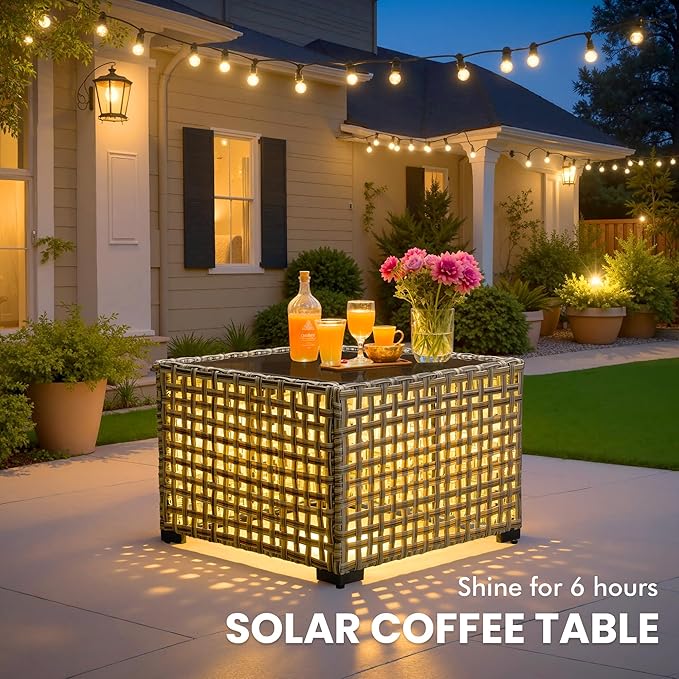 Outdoor Sectional Patio Furniture Set with Fire Pit Table and Glowing Table,6 Pieces Wicker Conversation Sets L Shaped Couch Out Door Sofa Set Outside Furniture for Garden Deck Yard,Navy Blue