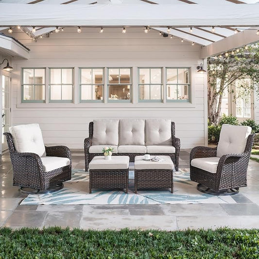 Belord 5 Piece Outdoor Patio Furniture Set - Wicker Furniture Patio Conversation Set, Outdoor Swivel Rocker Chairs with 3-Seater Sofa and 2 Ottomans for Small Space, Brown Wicker