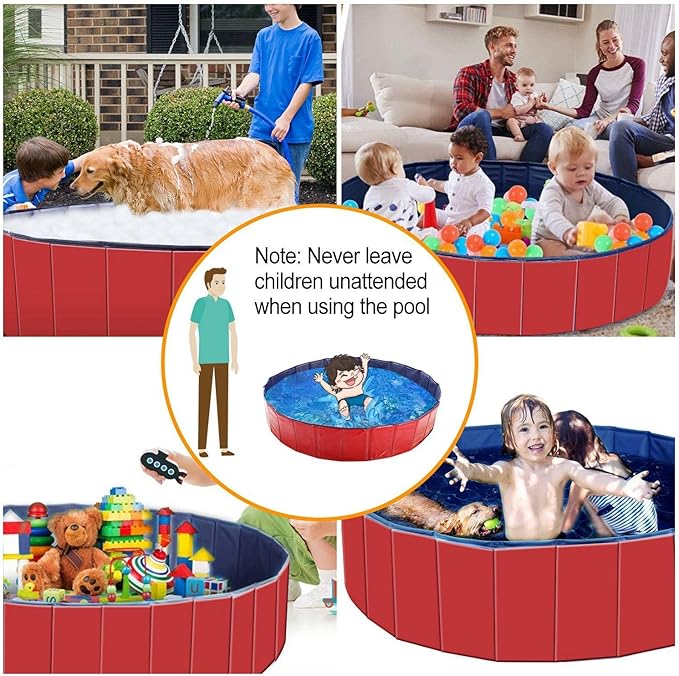 Foldable Pet Swimming Pool - Large 63" PVC Kiddie Dog Pool Bathing Tub for Dogs Cats Kids Portable Summer Outdoor Water Playmat Non-Slip Bottom Easy Drain (Red)