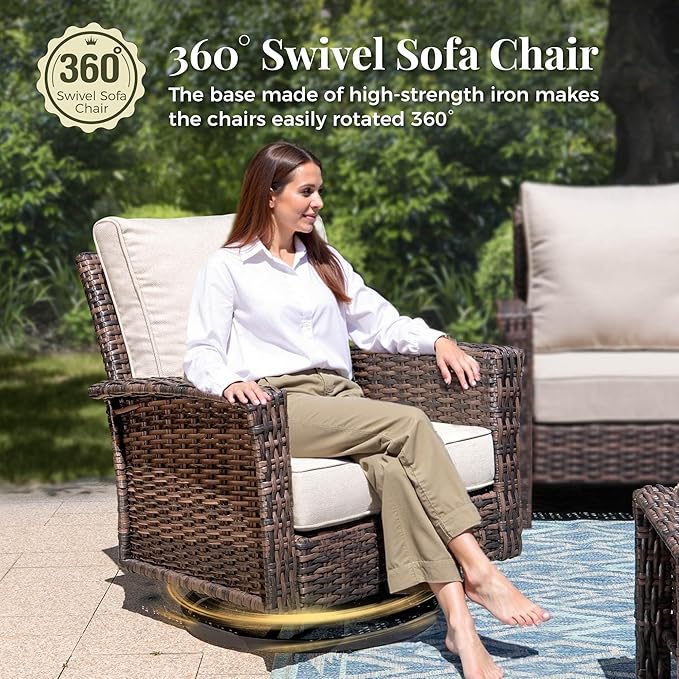 5-Piece Wicker Patio Furniture Set with Swivel Chairs, High Back Outdoor Furniture with 5.5-inch Thick Cushion and Ottoman, All-Weather Wicker Patio Conversation Set for Deck Yard Pool, Beige