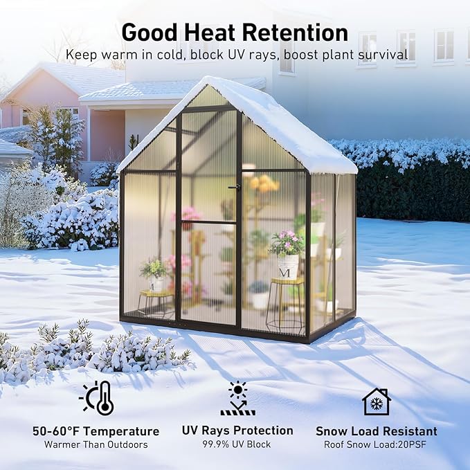 6x4FT Outdoor Greenhouse, Polycarbonate Green House, Small Walk-in Greenhouse with Vented Roof Window, Windproof Aluminum Frame with Hygrometer , Suitable for Gardening