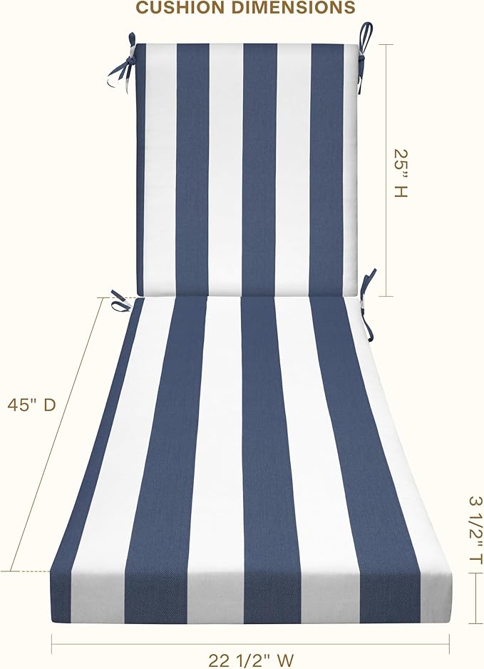 Honeycomb Outdoor Heritage Chaise, 22.5" W x 70" L, Cabana Stripe Blue and White Chair Cushion for Patio Furniture