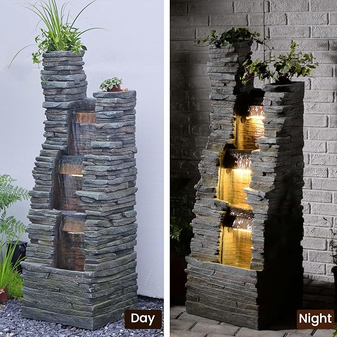 Bumilgar 47" H Garden Water Fountain Outdoor with LED Lights & Pump, 3-Tier Cascading Outdoor Fountain for Garden,Patio,Porch,Backyard,Home Art Decor (Gray)