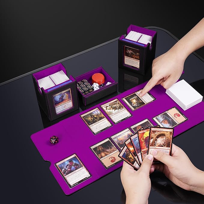 ZLCA Card Deck Box with Commander window Display, MTG Deck Box with Dice Tray Holds 200+ Double-Sleered Cards,Card Storage Case fit for YuGiOh,MTG,Sport (Black&Purple)