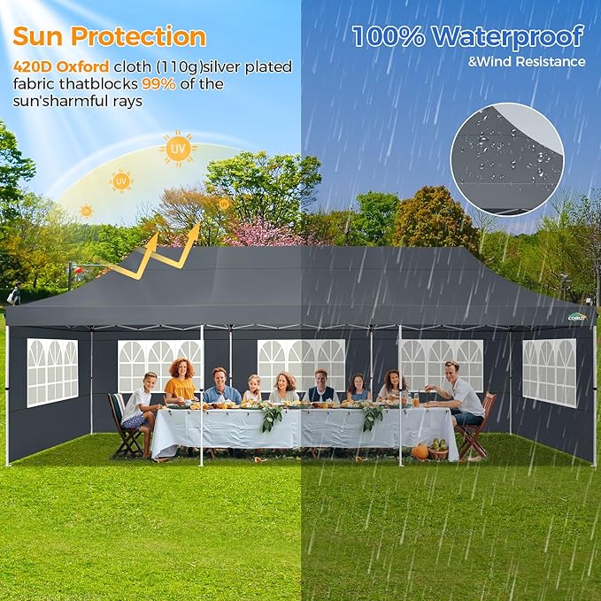 COBIZI 10x30 Pop up Canopy with 8 Removable Sidewalls, Outdoor Canopy Waterproof Commercial Tents for Parties Wedding, with Upgrade Raised Top Cover and Roller Bag, with 4 Sandbags(Gray)
