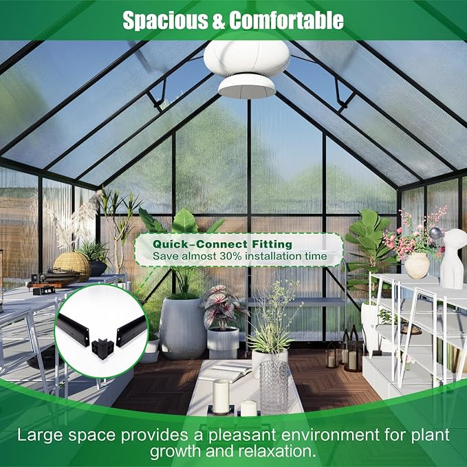 8x12 FT Greenhouse for Outdoors, Polycarbonate Green House with Adjustable Roof Vent and Rain Gutter, Aluminum Large Walk-in Greenhouse with Quick Setup Structure for Outside Garden Backyard Patio