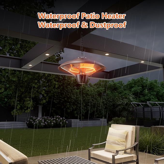 Patio Heater for Outdoor Use 1500W Electric Infrared Hanging Heater, Ceiling Mounted, Waterproof for Porch, Garage, Balcony, Overheat Protection Brown