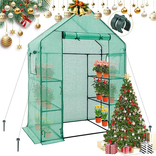 EAGLE PEAK Walk in 3-Tier Greenhouse with Wire Shelves, Portable Indoor and Outdoor Green House with Roll-Up Zippered Door & 2 Roll Up Side Windows, 4 Shelves, 61"x28"x79", Clear/Green PE Cover