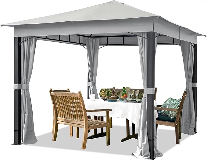 TOOLPORT Gazebo 10X10 Ft with Approx. 6.5 Oz/Yd² Waterproof Tarp Roof Pavilion with 4 Curtains in Gray