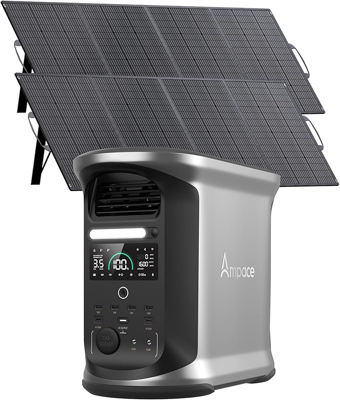 AMPACE Andes 1500 Portable Solar Power Station with 2 * 200W Solar Panels Included, 1462Wh LFP Solar Generator, 2400W(Surge 3600W) Output, 1800W AC Charging/600W Solar, Emergency Backup for Home Use