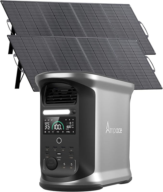AMPACE Andes 1500 Portable Solar Power Station with 2 * 200W Solar Panels Included, 1462Wh LFP Solar Generator, 2400W(Surge 3600W) Output, 1800W AC Charging/600W Solar, Emergency Backup for Home Use