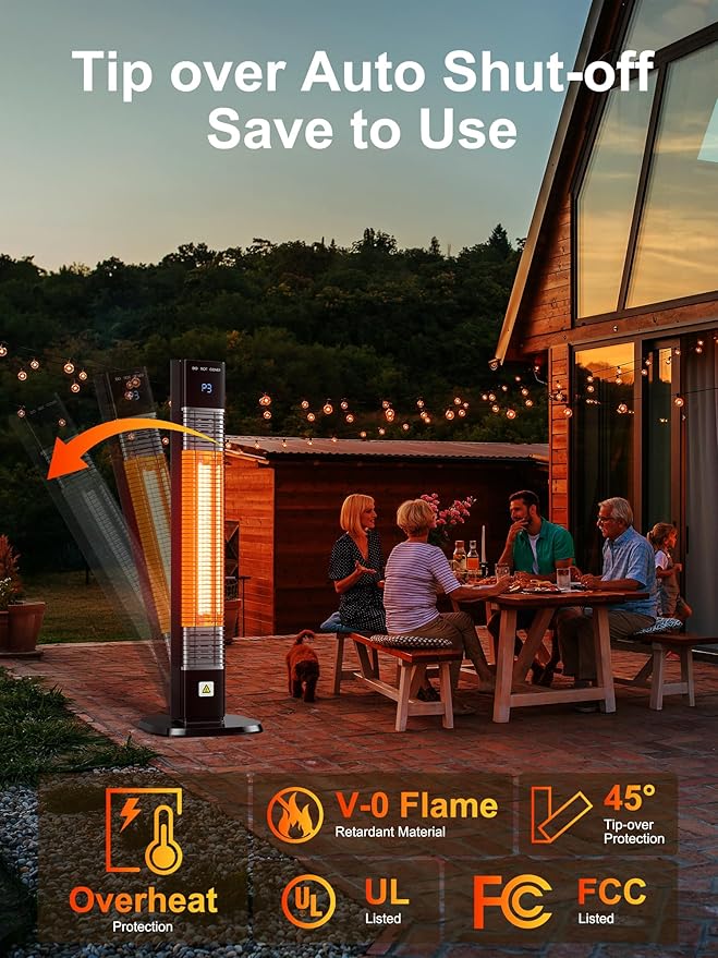 YEW Outdoor Electric Patio Heater, 1500w Infrared Heaters with Remote, 24H Timer, 3 Heat Levels, Waterproof, Quiet, Tip-Over Protection, Portable Tower Heaters for Porch,Garage,Balcony,Backyard