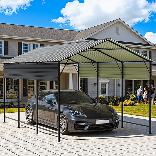 Greesum 10x15FT Metal Carport with Heavy Duty Frame and Galvanized Steel Roof, Vertical Carports with Side Support Rods, Canopy Shelter for Car, Pickup Trucks, Boats and Tractors, Party, Gray