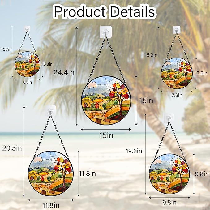 QZQCBLC Stained Glass Window Hanging Orange Mountains Trees Farm Landscape Large 15" - Suncatcher Door Garden Sun Catcher Home Decor Birthday Christmas for Mom Men Woman Friend
