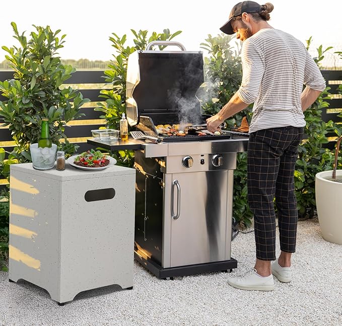 Outvita Outdoor Propane Tank Cover Table, 16in Propane Tank Storage Box with Carry Handle, Powder-Coated Steel, Multi - Use as Side Table for Patio, Garden & Living Room,16*16*21inch, marble color