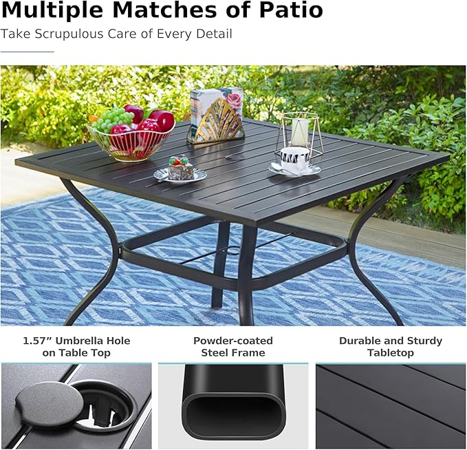 MFSTUDIO Patio Table and Chairs for 4 with 10ft Umbrella, 5 Pieces Outdoor Dining Table Furniture, 37'' Sqaure Metal Table & Swivel Chairs & Umbrella, Heavy Duty Patio Set with Umbrella