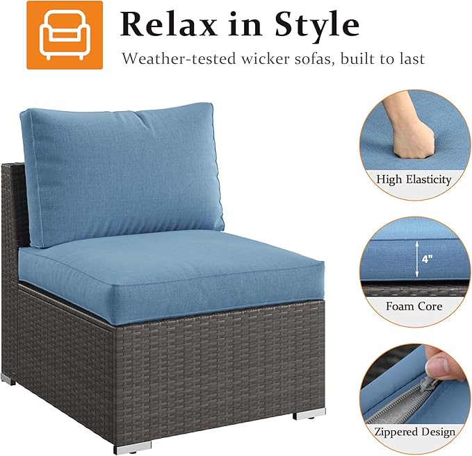 Wisteria Lane Patio Furniture Set, 2 Pieces Armless Wicker Outdoor Furniture Patio Couch with Washable Cushions, Oversized Outdoor Sectional for Garden, Poolside, Backyard, Blue