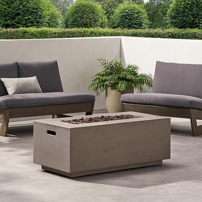 Outdoor Propane Fire Pit Table for Outside Patio, 40 Inch Concrete Fire Pit Table, Rectangle Gas Fire Pit for Garden, Pool, Backyard, 40,000 BTU, Free Lava Rocks, Light Grey